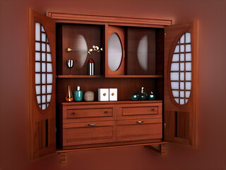 Sophisticated Wood: Cabinet and Accessories Decor on Transparent Background