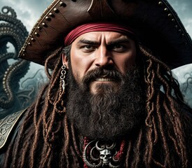 A pirate with a long beard and a bandana on his head, standing in front of a dark and mysterious...