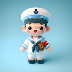 Ai Generated Crochet doll Sailor cute excited funny smiling wearing uniform and equipment, is standing. 3d render