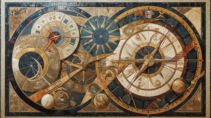 Fototapeta na wymiar An intricate depiction of ancient astrolabes and sundials in a mesmerizing modern marble mosaic design