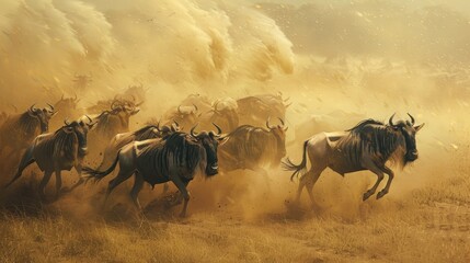 A herd of majestic wildebeests, their thundering hooves kicking up dust as they embark on their annual migration across the vast plains of the Serengeti. - obrazy, fototapety, plakaty