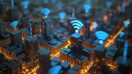 Smart city town with wi fi connection network wallpaper background - obrazy, fototapety, plakaty