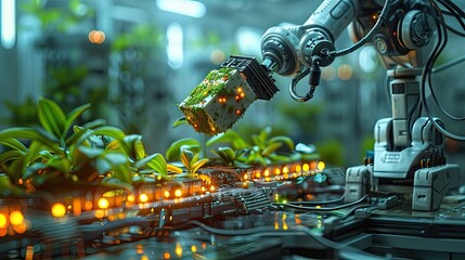 Robot arm manipulates and trims green leafy plant in high tech automated greenhouse or laboratory setting with electronic circuits and sensors - obrazy, fototapety, plakaty