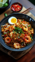 Malaysian Mee Goreng Mamak with Halal Chicken, Delicious food style, Horizontal top view from above