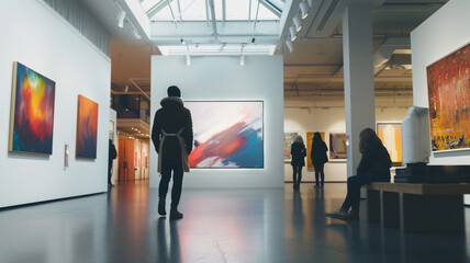 Inside a contemporary art gallery, a customizable marketing template is displayed on a digital screen against a backdrop of gallery white walls, blending seamlessly with the artistic environment.