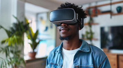 young black man using virtual reality glasses, technology concept
