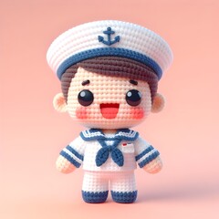 Ai Generated Crochet doll Sailor cute excited funny smiling wearing uniform and equipment, is standing. 3d render