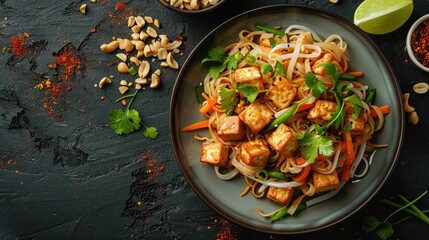 Spicy Asian Noodle Bowl with Tofu and Fresh Vegetables on Dark Wooden Background
