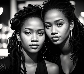 Two young women standing next to each other, one with long curly hair and the other with short dreadlocks.