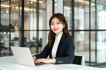 Fototapeta premium A young asian woman in a suit sitting at a desk with a laptop in office