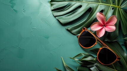 sunglasses and pink flower lay on a green background, in the style of light teal and dark orange, minimalist backgrounds, enigmatic tropics - generative ai