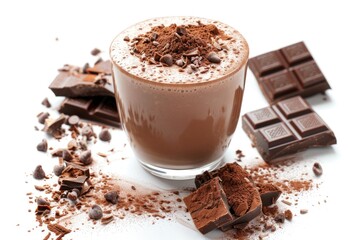 A glass of creamy hot chocolate topped with cocoa powder, surrounded by chocolate chunks and shavings on a white surface.