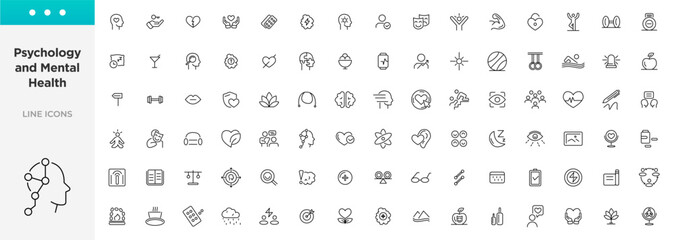 Psychology and mental line icons collection. Contains depression, bipolar, PTSD, panic, and mind disorder icons. Thin outline icons pack