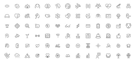 Fototapeta na wymiar Psychology and mental line icons collection. Contains depression, bipolar, PTSD, panic, and mind disorder icons. Thin outline icons pack
