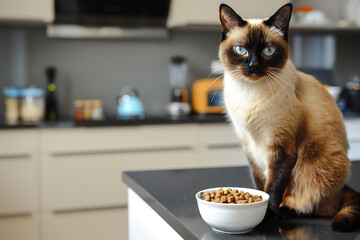An elegant Siamese cat perched on a sleek, modern kitchen island, intently examining a bowl of...