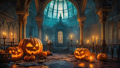Spooky Mansion: Creepy Halloween Background with Candles, Glowing Pumpkins, and Eerie Atmosphere - obrazy, fototapety, plakaty