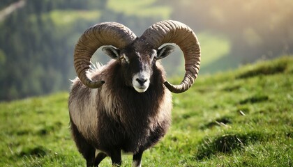 A wild mouflon ram stands proudly on a grassy hilltop. - obrazy, fototapety, plakaty