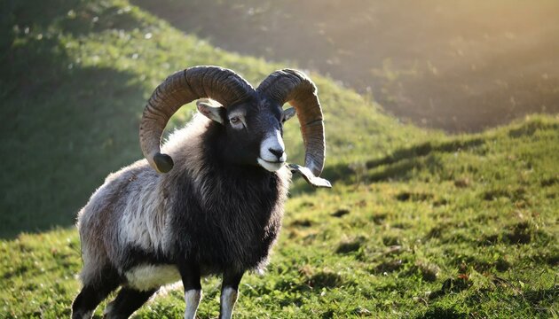 A photorealistic image of a brown mouflon ram in its natural habitat.