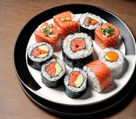 A plate of sushi with various types of sushi rolls, including salmon, tuna, and cucumber rolls.
