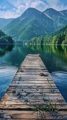 Dock on lake surrounded by trees and mountains in the background.