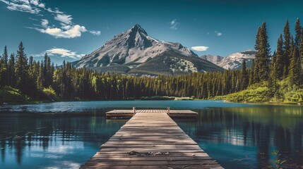 Dock on lake surrounded by trees and mountains in the background.