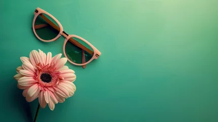 Fotobehang sunglasses and pink flower lay on a green background, in the style of light teal and dark orange, minimalist backgrounds, enigmatic tropics - generative ai © Nia™