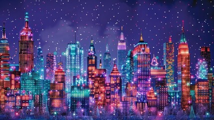 A magical holiday light display illuminating a city skyline, with towering buildings adorned with...