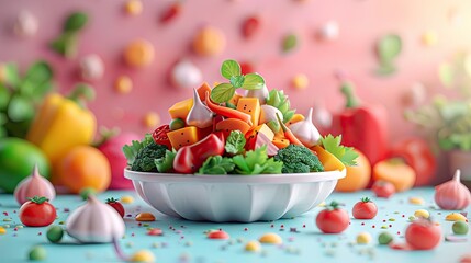 Wholesome Vegetable Salad in Bowl with Fresh Produce on Rustic Background - obrazy, fototapety, plakaty