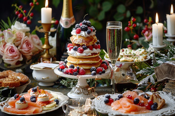 A festive brunch table set for a special occasion, featuring champagne, a tower of pancakes adorned with berries and whipped cream, smoked salmon blinis, and a selection of fine pastries. 