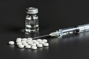 Medical injection with pills and vial against black background, balc white realistic photo for magazines --chaos 15 --ar 3:2 --style raw --stylize 250 Job ID: 083ffbde-9301-4b5b-b4c1-5777706232d9