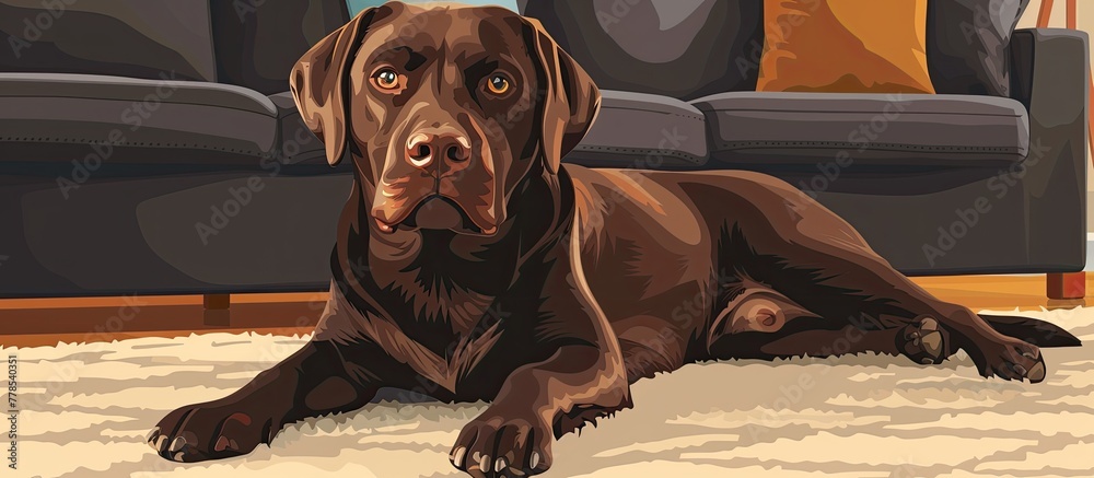 Sticker A fawncolored Labrador Retriever is lounging on the wooden floor of a living room beside a couch, showcasing its strong snout characteristic of a carnivorous companion dog breed