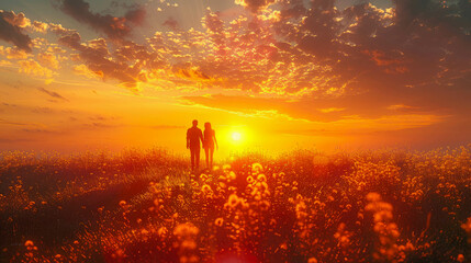 Fototapeta premium Couple in love walking on the meadow at beautiful sunset