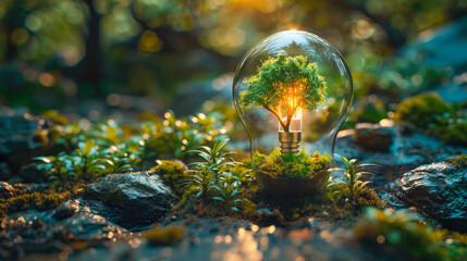 Light bulb in the forest with tree inside. Conceptual image