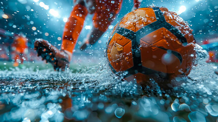 Soccer ball on the grass with blurred lights in the background - obrazy, fototapety, plakaty