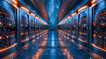 Futuristic server room with bright lights. Data center concept - obrazy, fototapety, plakaty