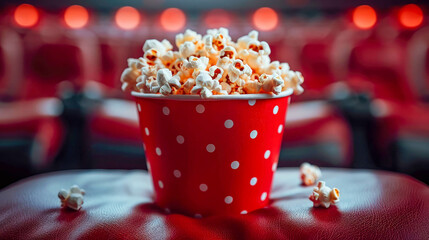 Popcorn in a red bucket in the cinema hall. Cinema concept