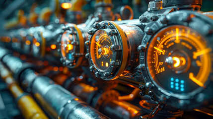 Pressure gauge on oil and gas production line. Oil and gas industry - obrazy, fototapety, plakaty