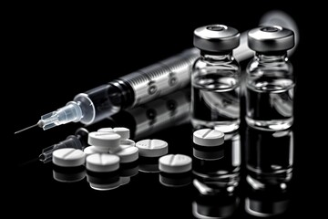 Medical injection with pills and vial against black background, balc white realistic photo for magazines --chaos 15 --ar 3:2 --style raw --stylize 250 Job ID: c067d29f-9d33-4932-b782-bf145aba50c9