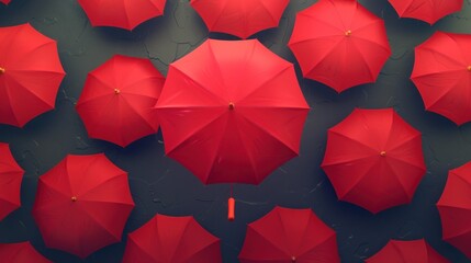 Group of many open red umbrellas on dark background. AI generated image