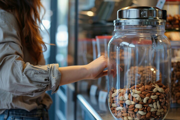 Close up of a dispenser filled with nuts in a sustainable plastic free shop. Hispanic woman refilling her jar with nuts - obrazy, fototapety, plakaty