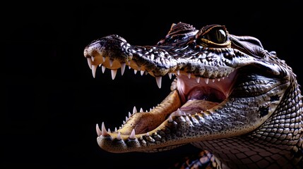 portrait of a crocodile with open mouth, photo studio set up with key light, isolated with black background and copy space