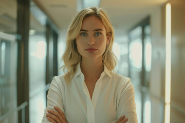 Obraz premium Close-up of blonde Argentine businesswoman in late 20s with arms crossed pausing in office hallway to look at camera