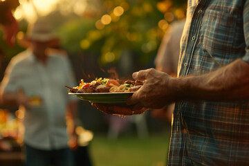 Close-up shot of a Hispanic male holding a plate with food on a barbecue day. He is enjoying a relaxing day outdoors with his friends - obrazy, fototapety, plakaty