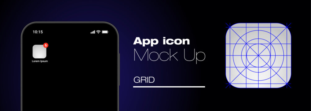 smartphone on black background high quality vector mockup. Phone frame with app icon template with guidelines for contemporary mobile operating system.