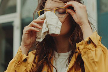 Cropped shot of an unrecognizable woman standing alone and using a cloth to clean her glasses