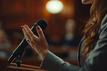 Cropped view of female politician gesturing, while speaking in microphone with blurred woman on background 