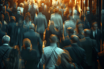 Crowd of business people on their way from work. They are unrecognizable. Long exposure shot  - obrazy, fototapety, plakaty