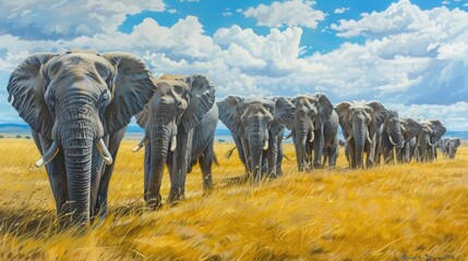 A magnificent herd of African elephants, traversing the vast plains of the Serengeti in a majestic...