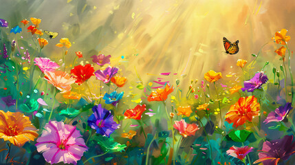 Beautiful colorful spring flowers, morning glory and butterflies in the field. Impressionist style oil painting illustration with bright colors and sun rays  - obrazy, fototapety, plakaty