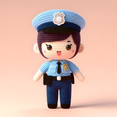 Ai Generated Crochet doll a Police cute excited funny smiling wearing uniform and equipment, is standing, 3d render